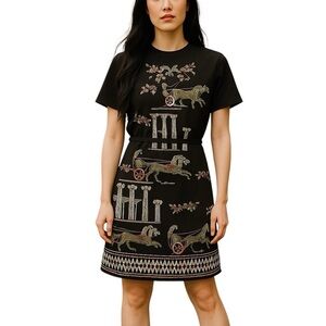 Vintage Brown Shift Dress Roman Empire Trojan Chariot Unique Funky Eclectic